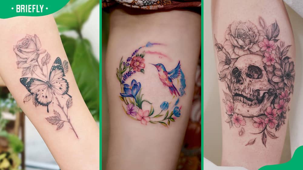 Flower and butterfly (L), hummingbirds and flowers (C), skull and flower tattoos (R)