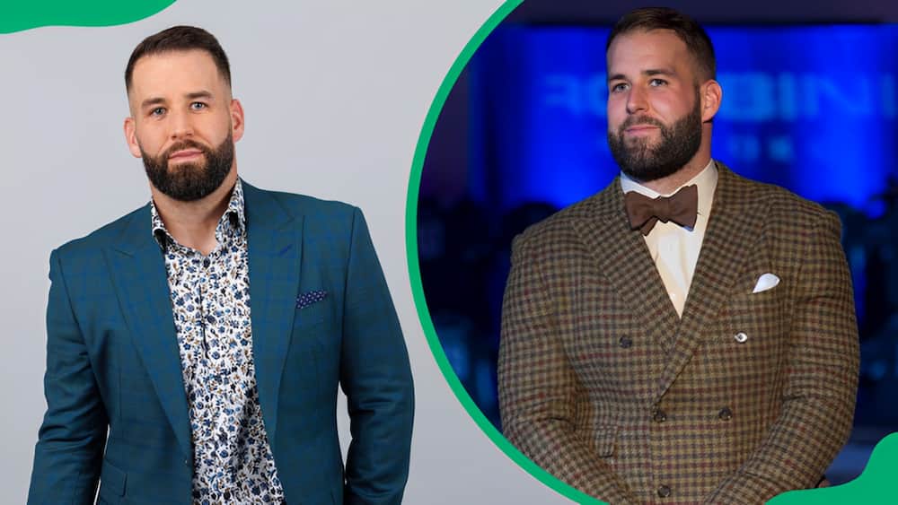 Chase Daniel in a blue coat and floral shirt (L). Chase Daniel in a brown bow tie and chequered coat (R).