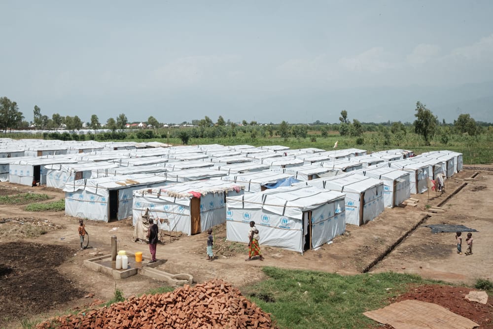 A general view of makeshift shelters for people who have been displaced from their homes