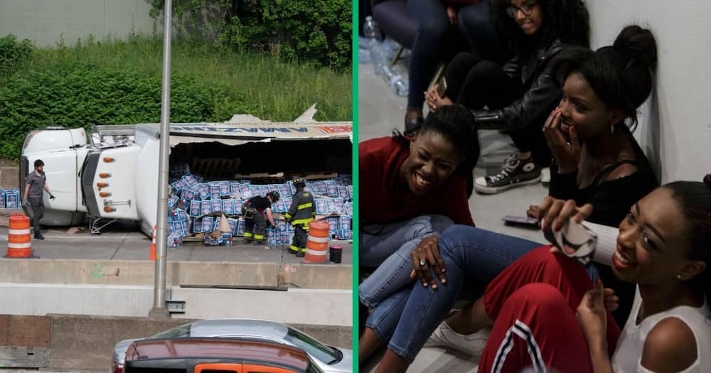 A truck overturned, spilling its items, and a group of women laughing together