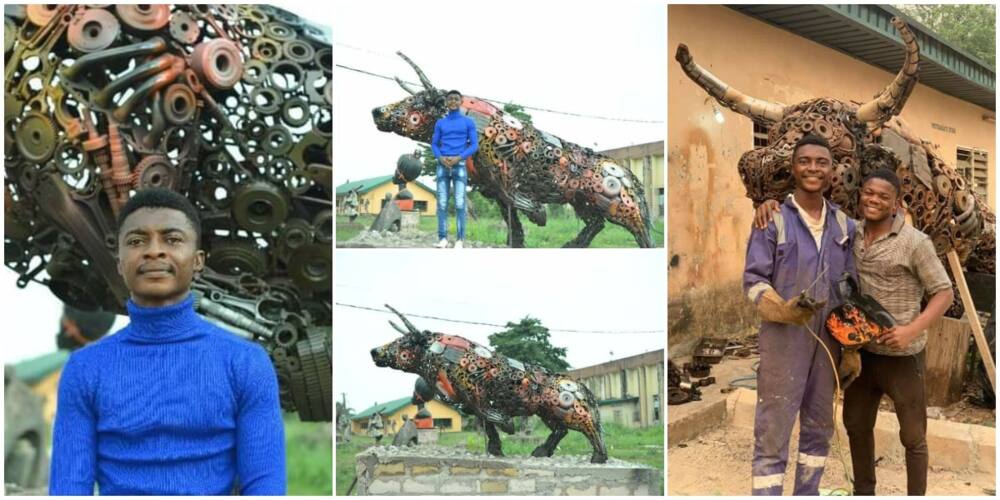 Nigerian Man Shows Great Artistic Skills, Makes Brazen Bull from Metal Wastes, Photos Impress Many People