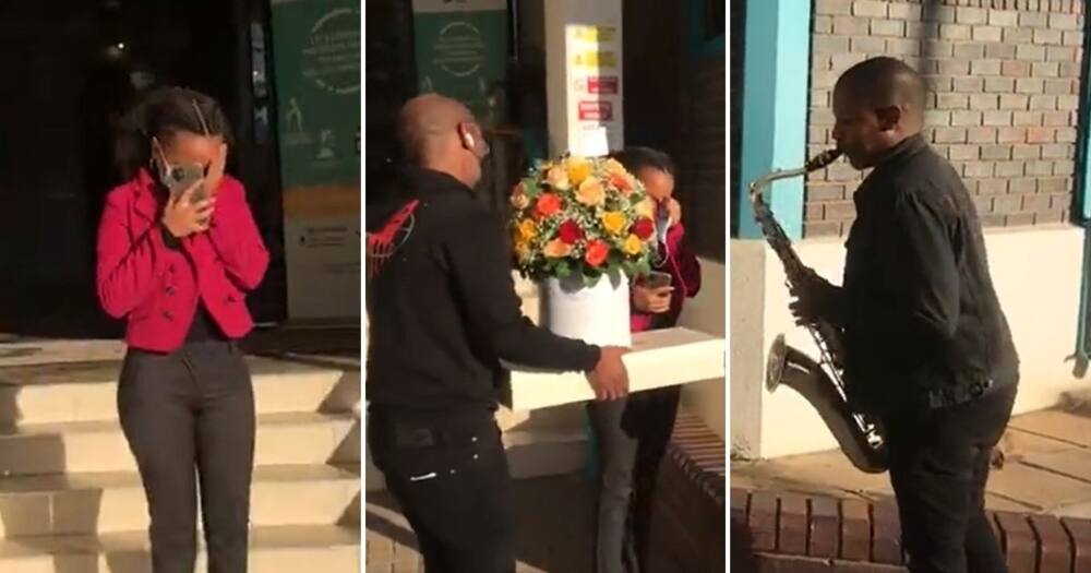Man Surprises Girlfriend, Flowers, Saxophonist, Work, Birthday