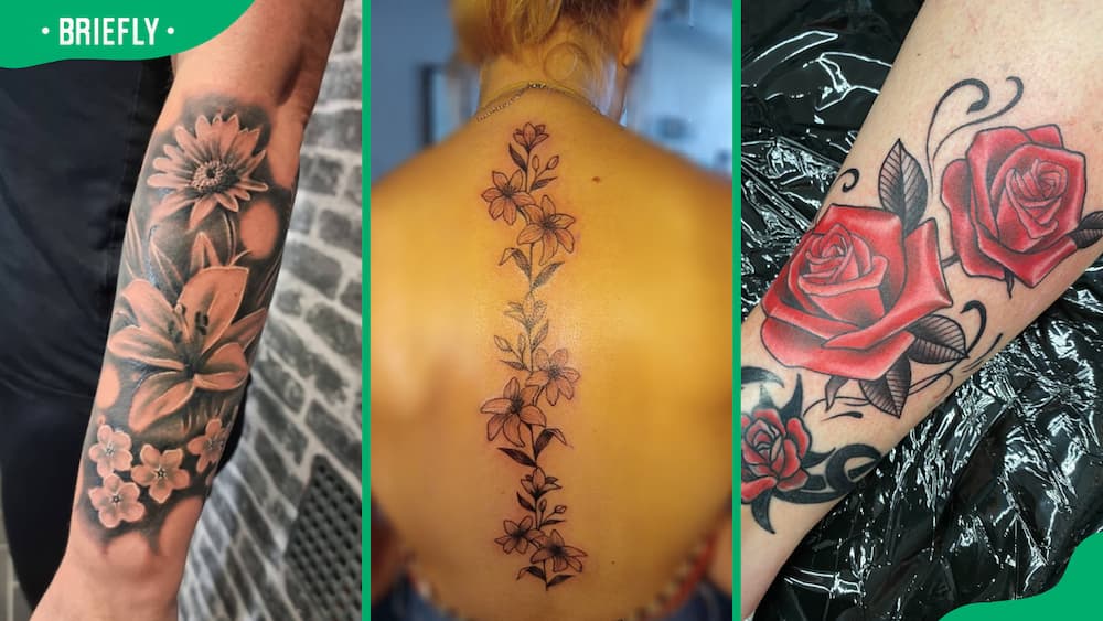 Flower sleeve (L), spine and black leaves (C) and red rose flower tattoos (R)