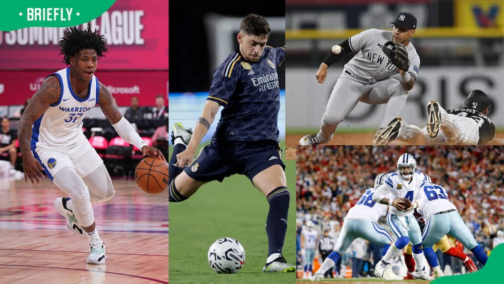Kendric Davis of the Golden State Warriors, Real Madrid midfielder Federico Valverde, New York Yankees player, and Dallas Cowboys players (left to right).