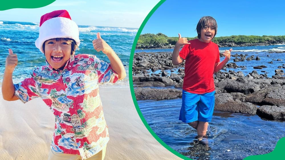 Ryan's World in a colourful shirt and Santa hat (L). Rayn in a red T-shirt and blue shorts (R).