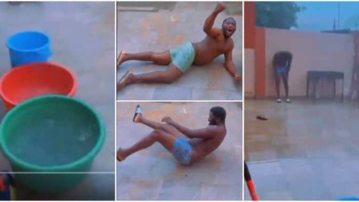 People papa be this: 3 Grown men fall flat to slide and play in heavy rain, video goes viral; many react