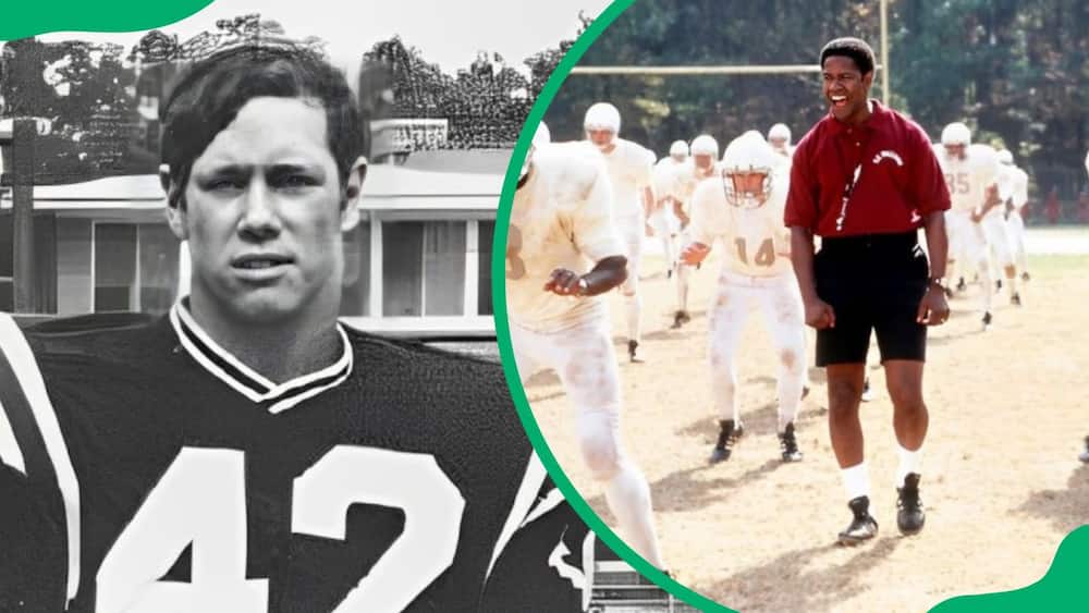 The real-life Gerry Bertier posing for a photo (L). Denzel Washington and his Remember The Titans team (R)