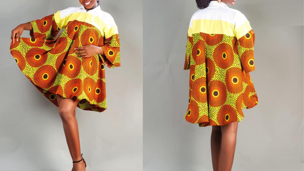 African print dress with collared neckline and flared sleeves