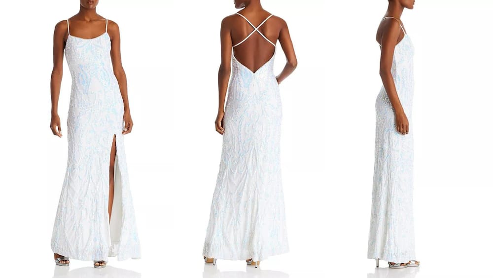 Long sequined gown with spaghetti straps and high fron side slit