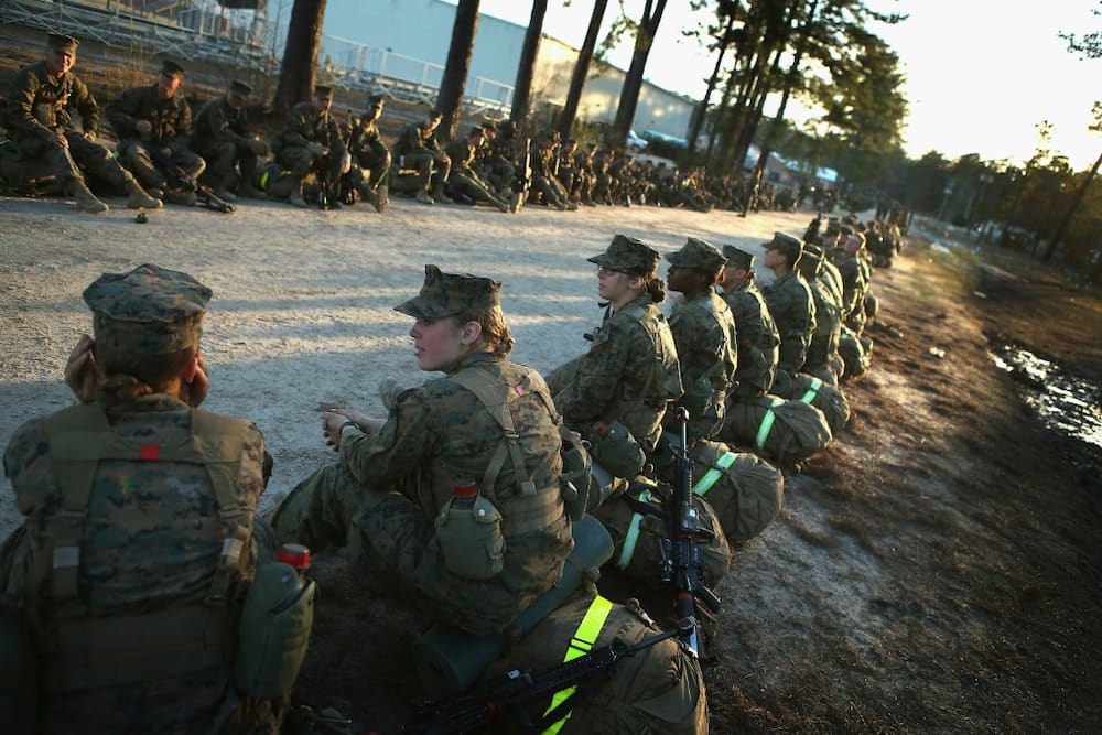 Male and female marines are seen at a military base in North Carolina in February 2013