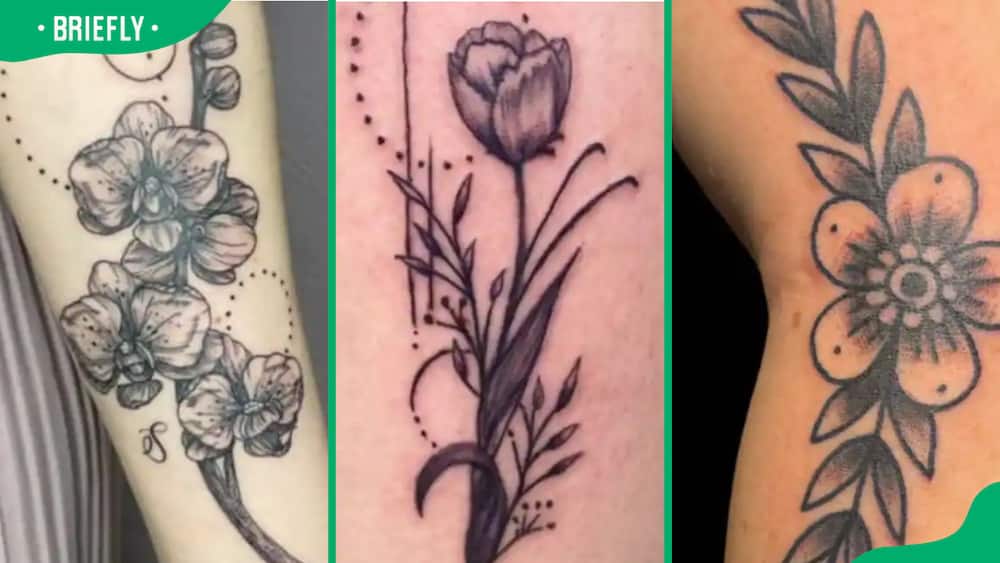 Orchid (L), tulip (C) and elbow flower tattoo (R)