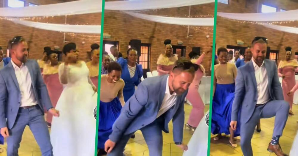 A white man perfects the traditional wedding step.