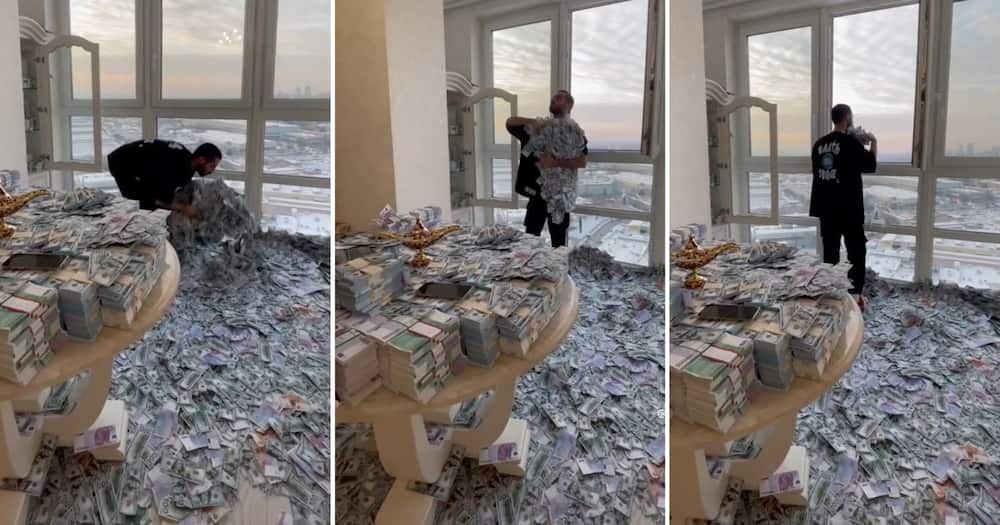 A Dubai man in a hotel room full of banknotes