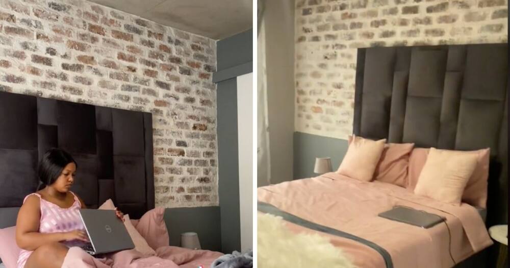 Young woman shows off newly decorated flat