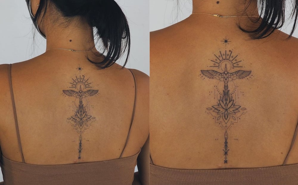 Lotus flower, bird and sun tattoo