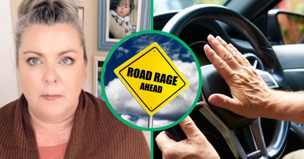 Collage image of Sharon Van Wyk, a road rage sign and a man hitting a car horn