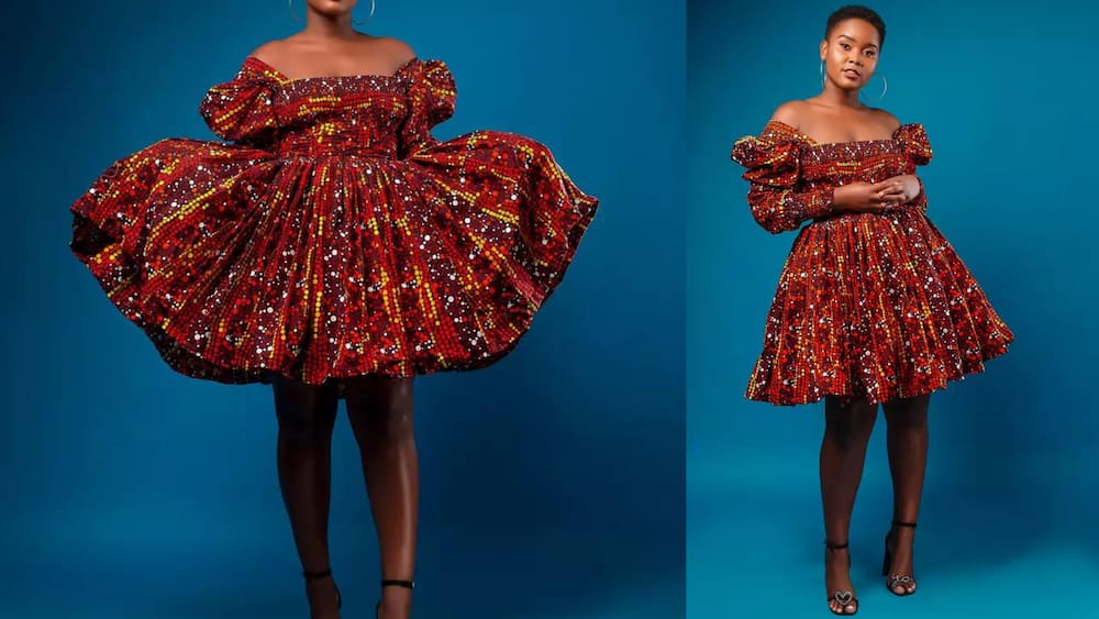 Tan Brown off Shoulder African Ankara Party Dress With Free