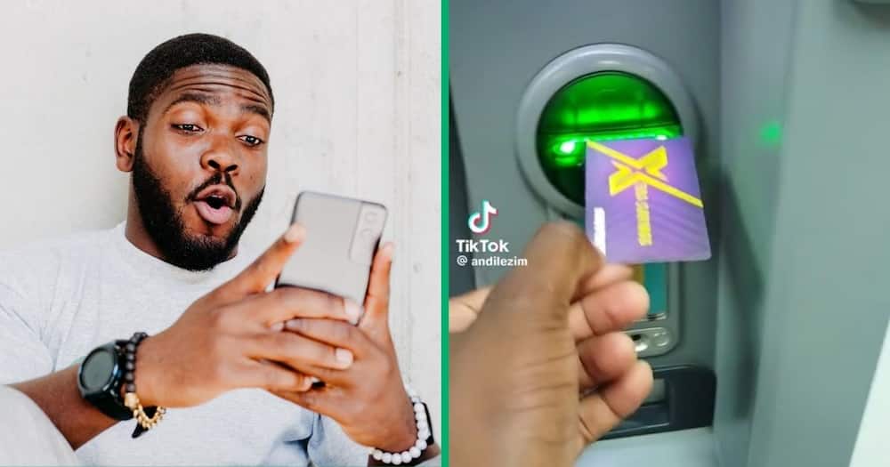 Stock image of stunned man and a Mzansi attempting to get cash from an ATM
