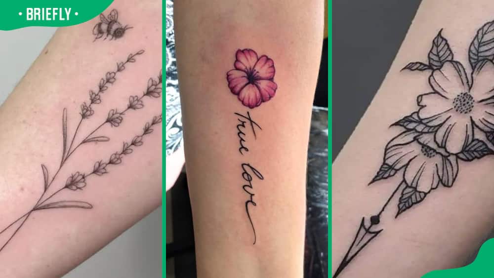 Bee & lavender (L), forget me not (C), and floral arrow tattoos (R)