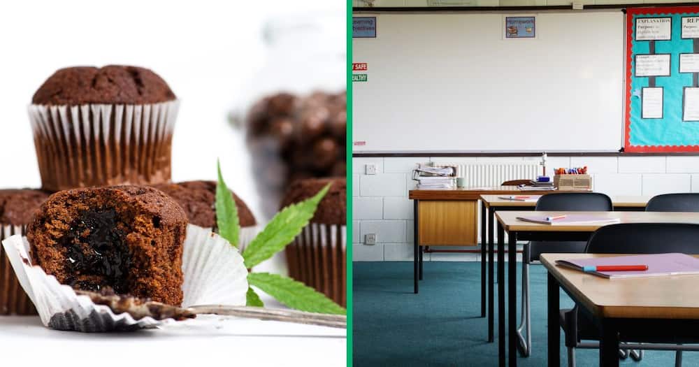 Collage image of space muffins and an empty classroom