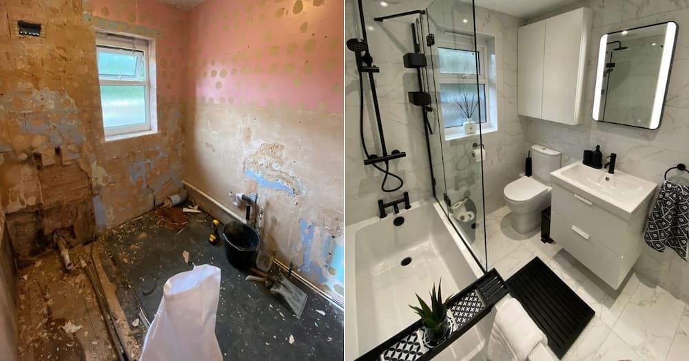 old bathroom, new bathroom, before-and-after, mum, son