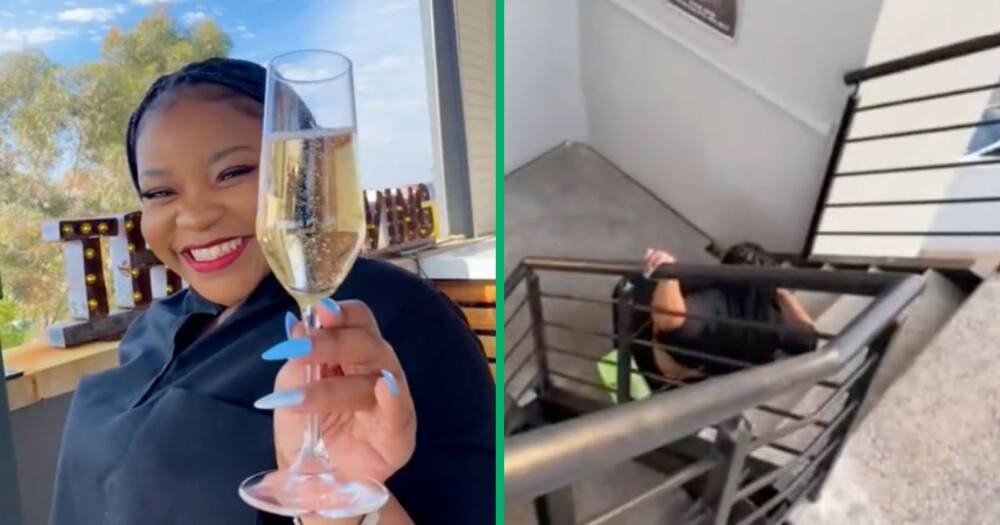A woman had a few champagne drinks and fell down the stairs