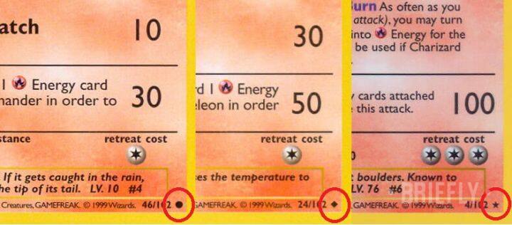 The different symbols of rarity seen on Pokemon cards.