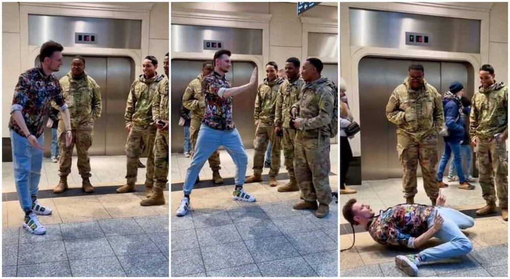 Man, American soldiers, dancing, viral video