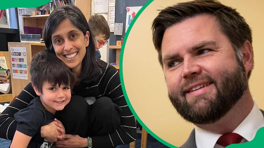 J.D. Vance's wife, Usha Chilukuri and their son (L). Vance during a political event at the U.S. Capitol in 2022 (R)