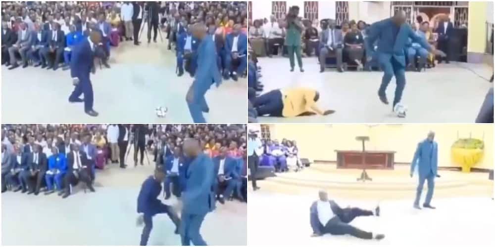 Nigerians react to video of pastor playing football inside church during service, members crashed to the floor