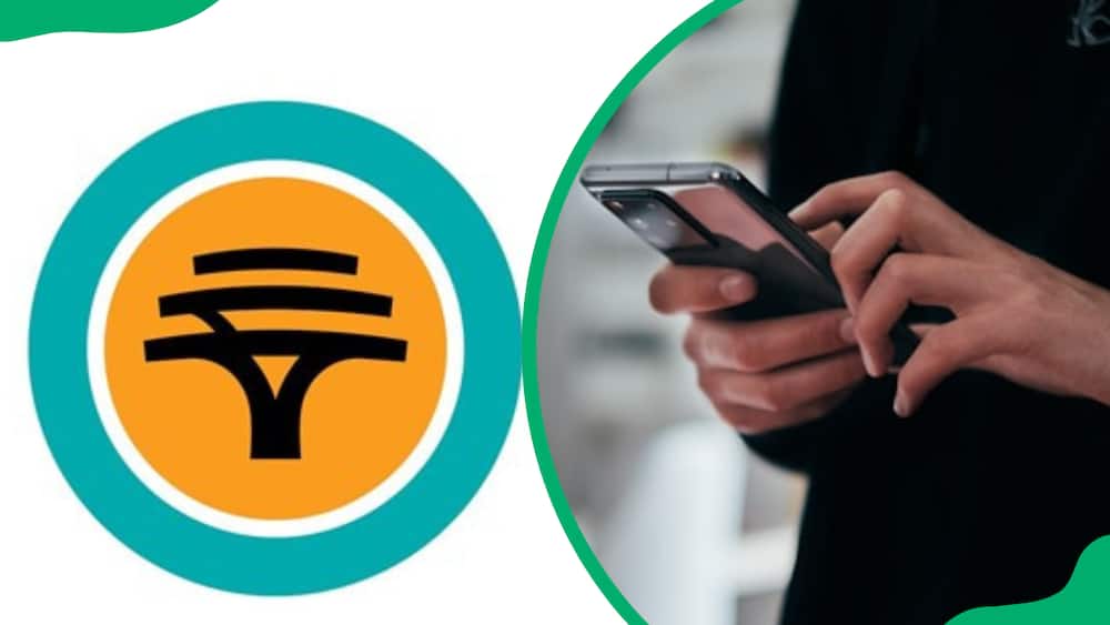 FNB logo and a person pressing a cellphone