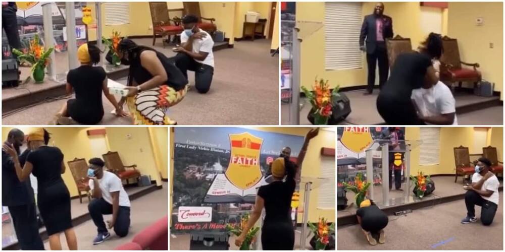 Lady goes wild in church as man proposes while pastor prayed for her, video goes viral