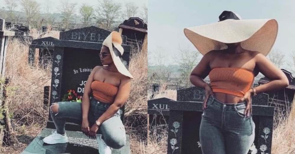 SA, reacts, woman, posing, dad's grave
