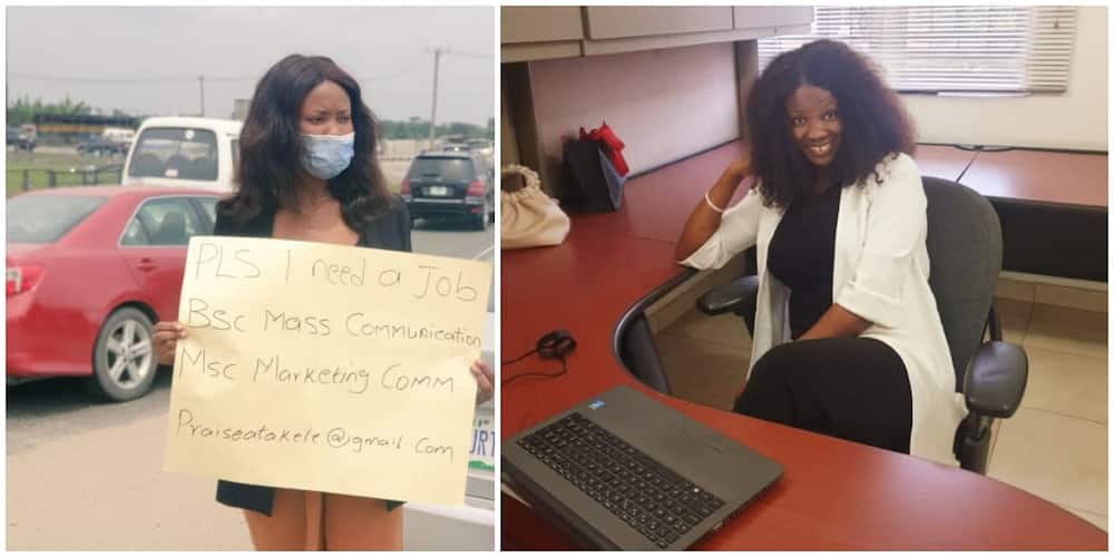Female Graduate Who Had Hit the Street with Cardboard to Beg for Job Finally Gets a Job, Shares Office Photo