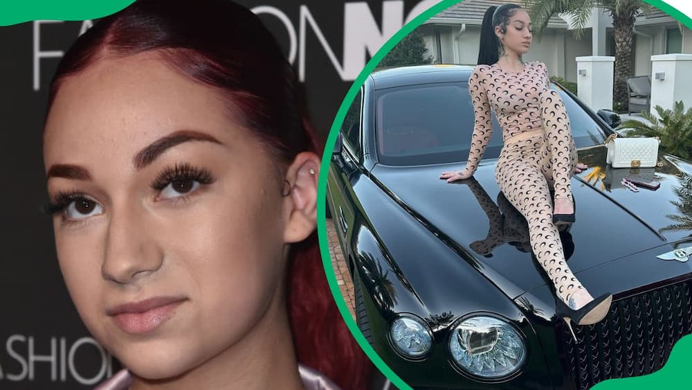 Bhad Bhabie attending the Fashion Nova x Cardi B Collaboration Launch Event (L). The rapper posing on her Bentley ride (R)