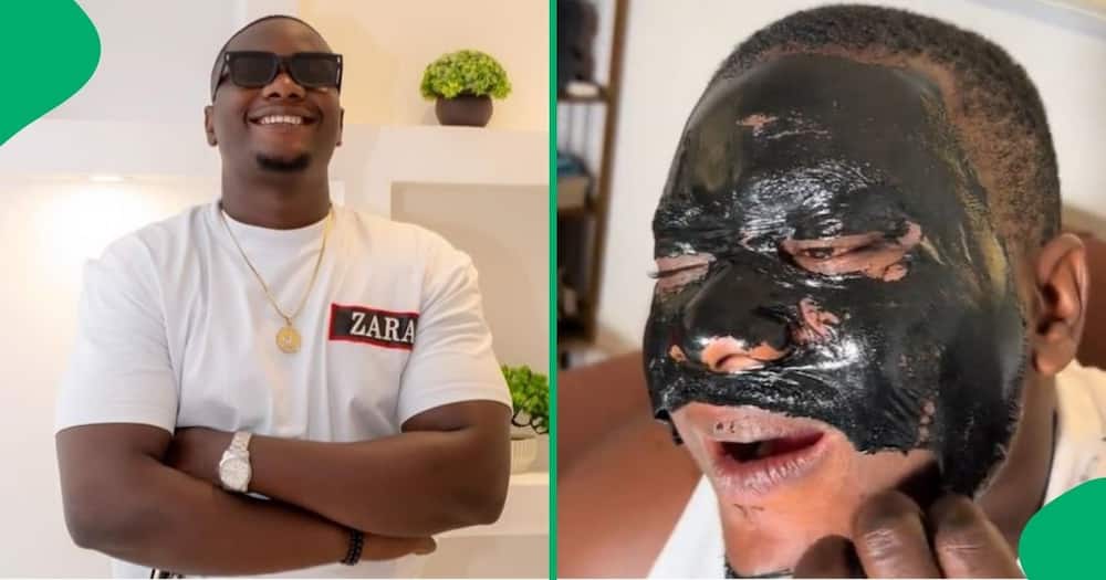 Man struggles to remove charcoal face mask.