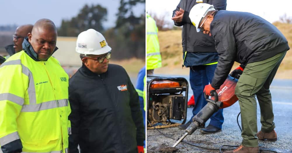 Minister of Transport Fikile Mbalula fixing potholes