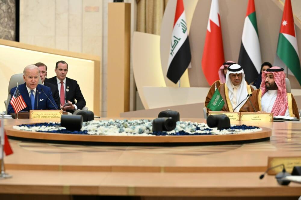 US President Joe Biden (L) joined Saudi Crown Prince Mohammed bin Salman (R) and other Arab leaders for a summit in Jeddah