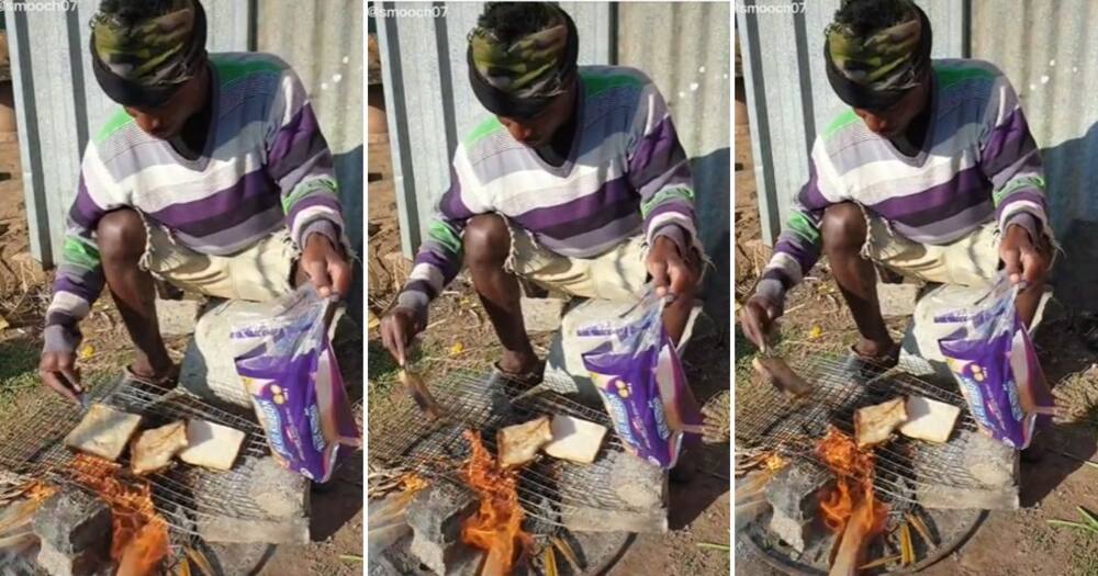 TikTok comedian, @Smooch toasts bread on an open fire.