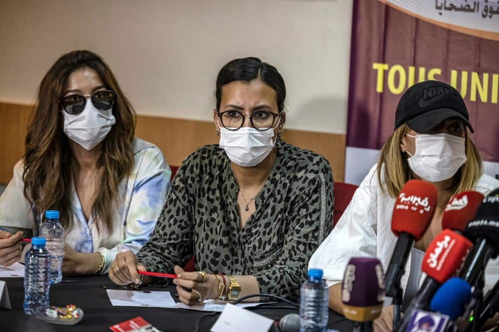 An accuser speaks during a press conference in Tangiers, Morocco regarding the trial of Jacques Bouthier, the French former CEO of the Vilavi group who was charged with human trafficking and rape of a minor in a case that has shocked France
