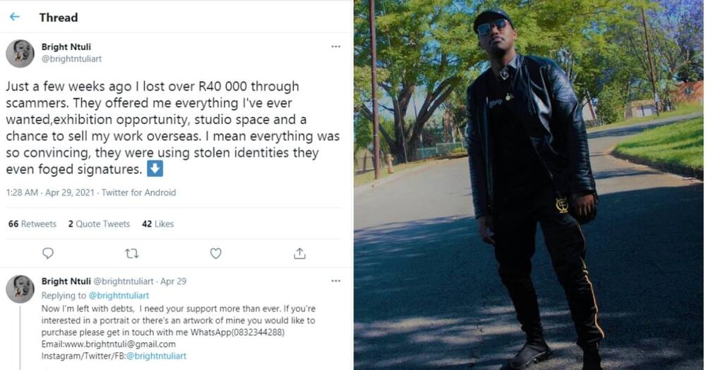 BrightNtuliArt says he is a victim of a scam after losing R40 000. Image: @BrightNtuliArt/Twitter