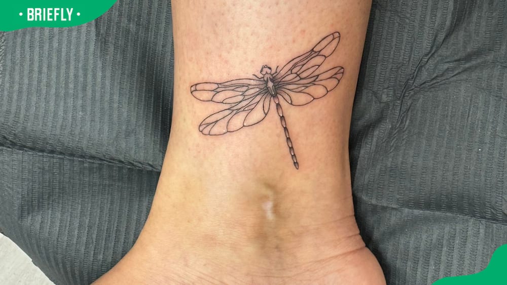 Tiny dragonfly ankle tattoo