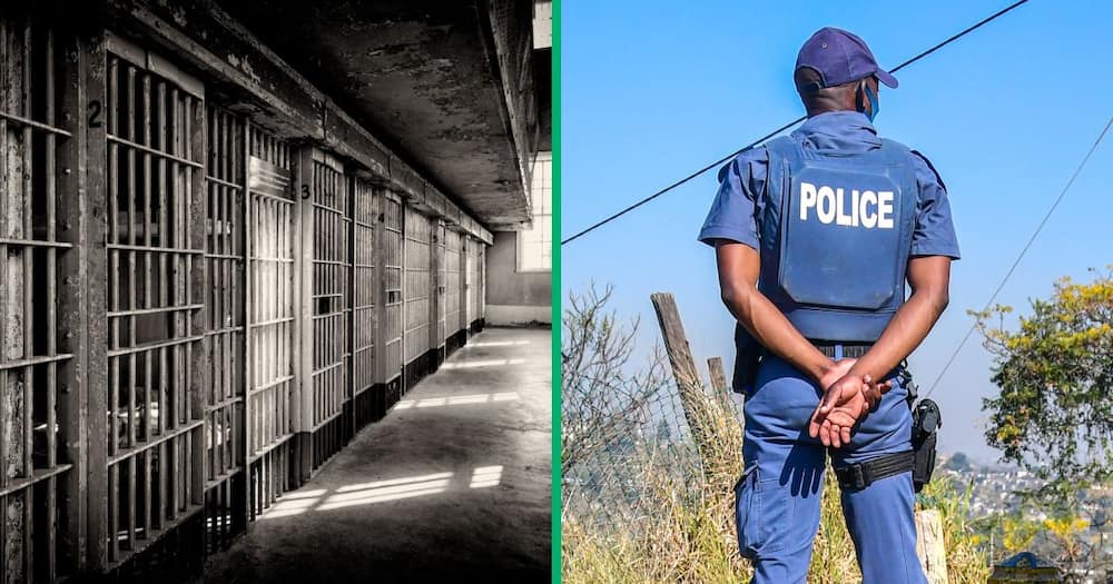Collage image of prison cells and a South Africa Police Officer
