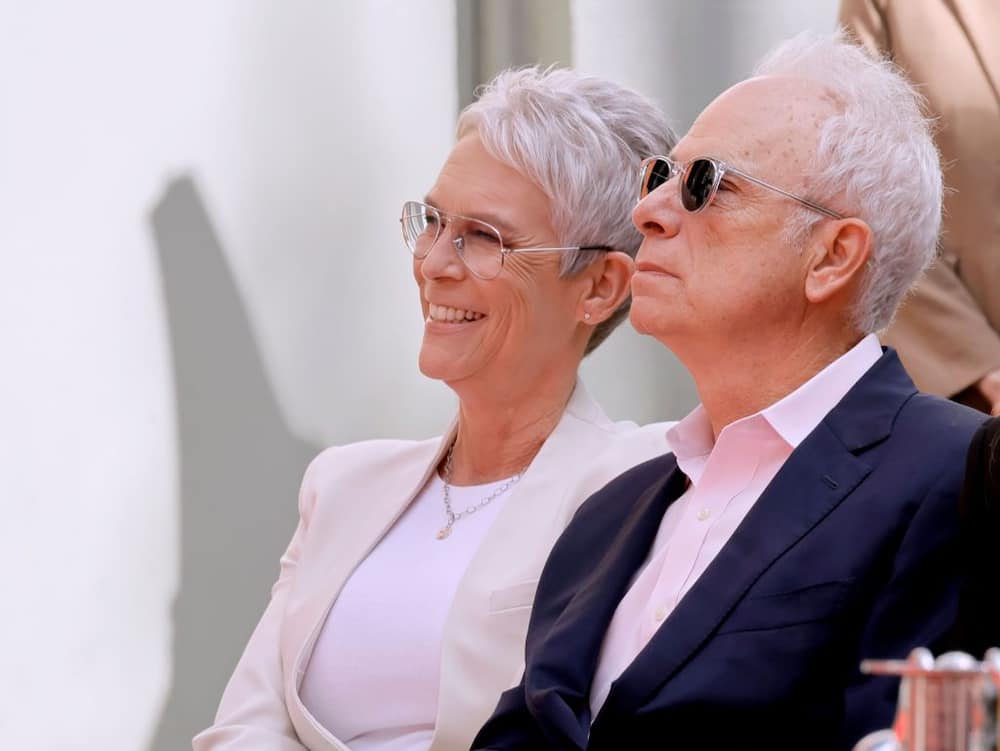 Jamie Lee Curtis with her husband during the Jamie Lee Curtis Hand and Footprint in Cement Ceremony at TCL Chinese Theatre in October 2022.