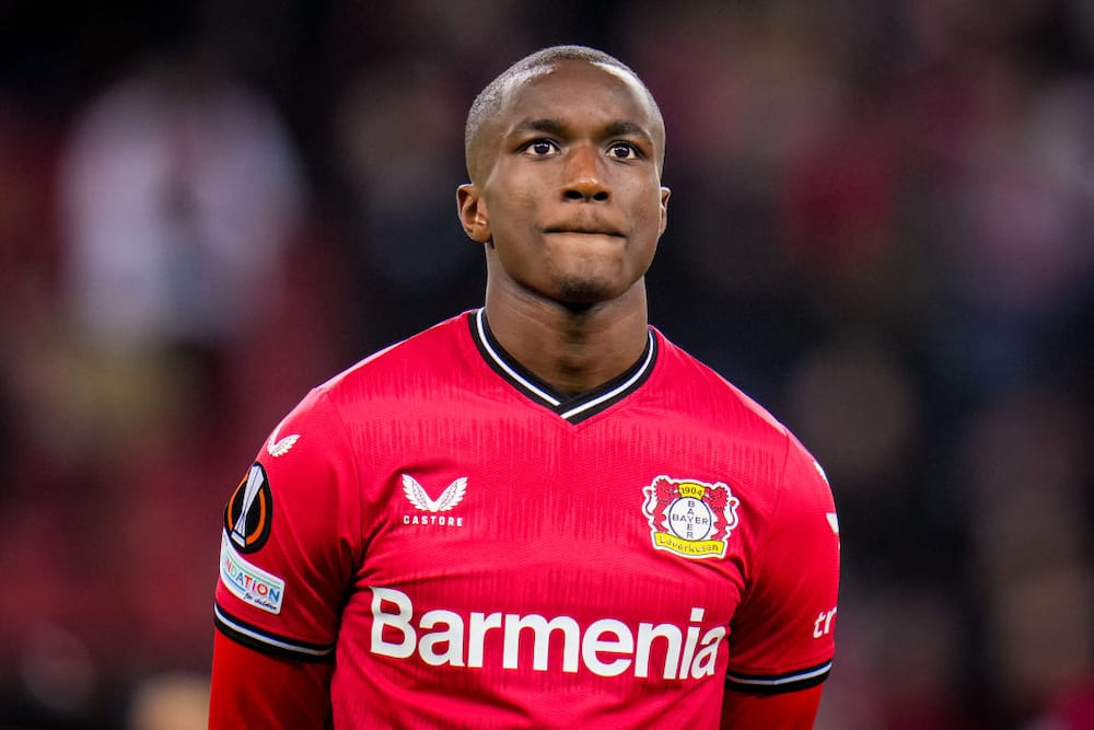 Moussa Diaby at the BayArena on 9 March 2023 in Leverkusen, Germany.