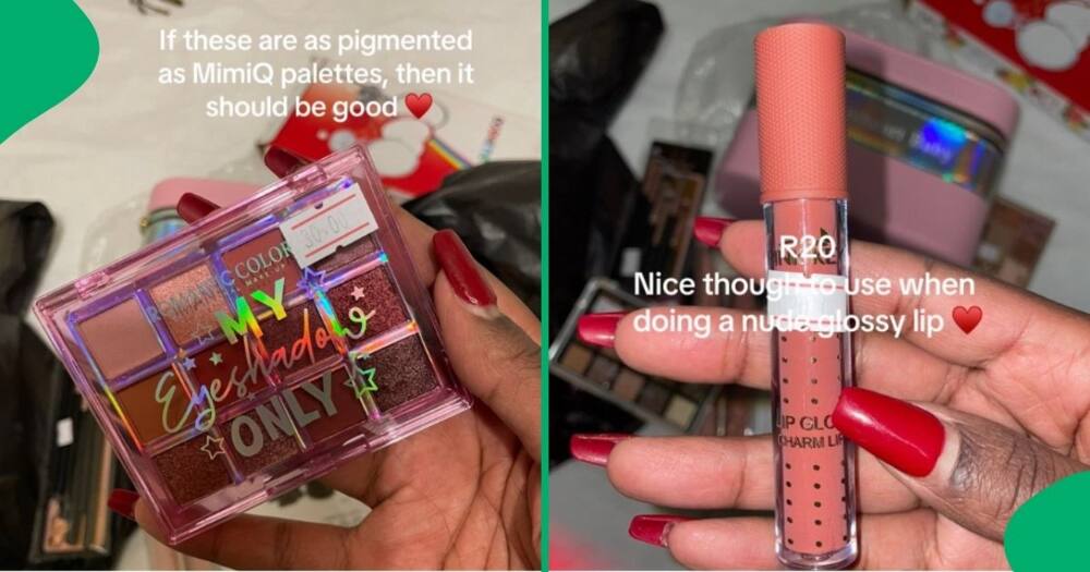 A woman bought an eyeshadow palette and lip gloss from an unnamed store.