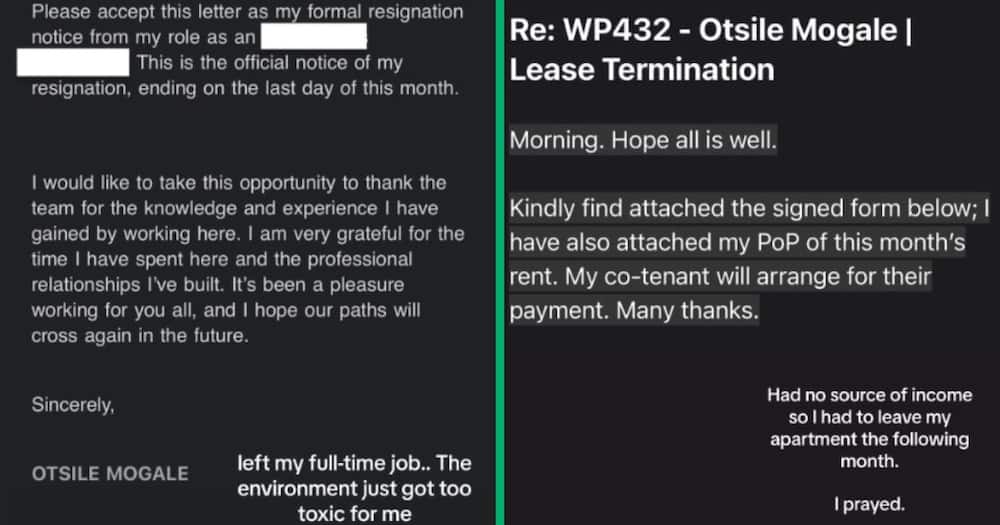 Screenshots of resignation letter and lease termination