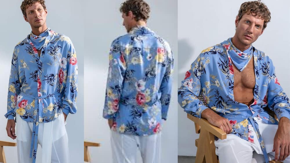 Floral sky-blue band collared shirt with white pants
