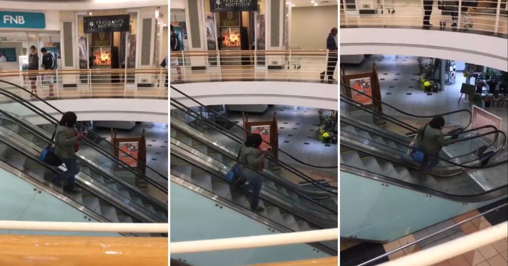 An out-of-the-ordinary woman walked down an escalator going up in a strange clip