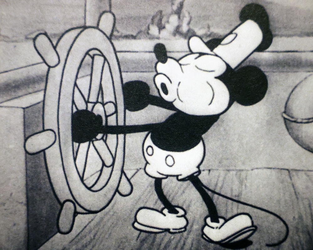 A Mickey Mouse black and white illustration